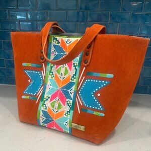 FINA CATRINA Mexican Art Hand Painted Large Orange Suede TOTE BAG